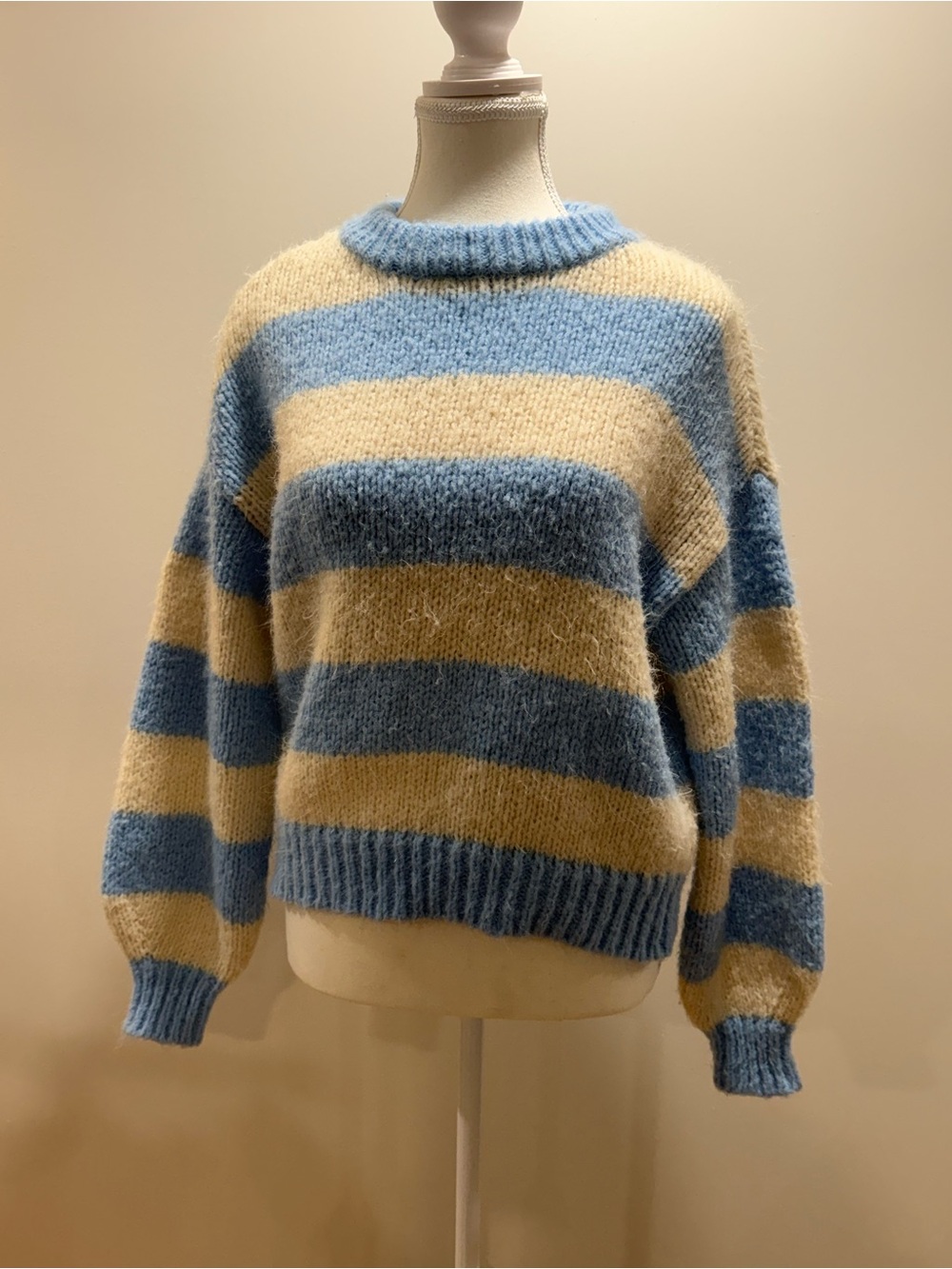 Vero Moda Blue & Cream Striped Fuzzy Knit Sweater